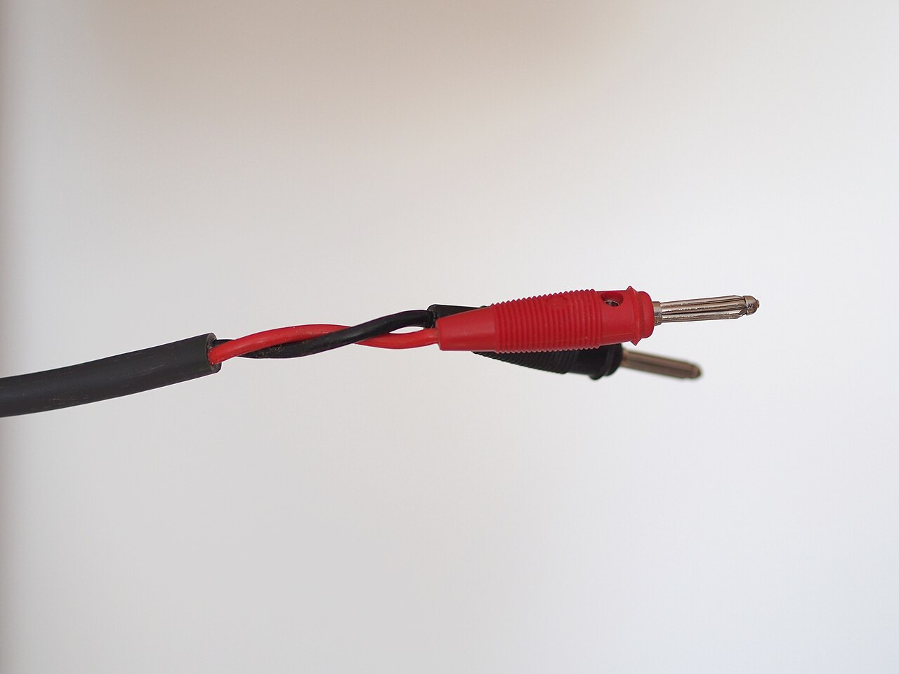 A speaker cable terminated with banana plugs.